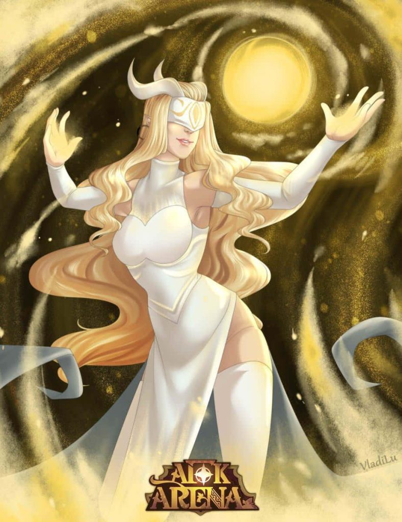 AFK Arena Athalia wallpaper glowing with golden celestial light in white outfit and blindfold