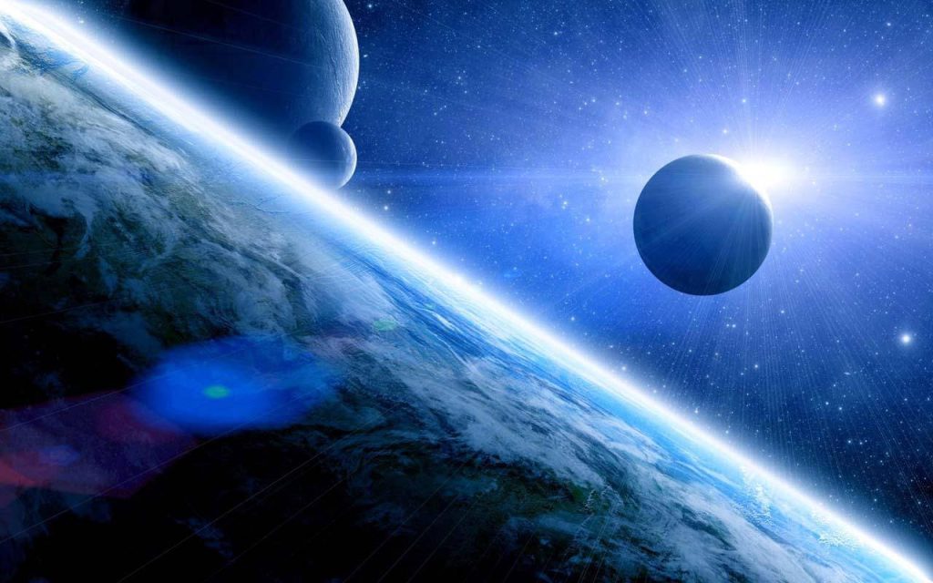 Blue outer space wallpaper with Earth-like planet rim lit in starry cosmic sci-fi background