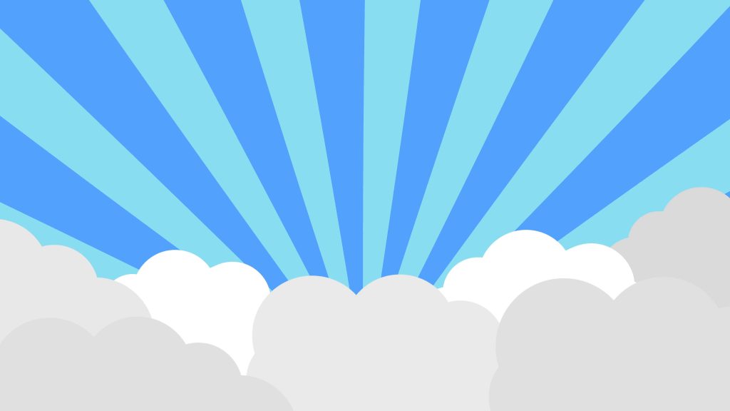 Minimalist cloud wallpaper with radiant blue sunburst rays and fluffy white grey clouds serene sky