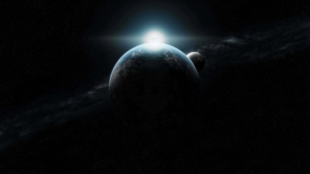 Cosmic wallpaper of a bright planet and moon in a starry space backdrop.