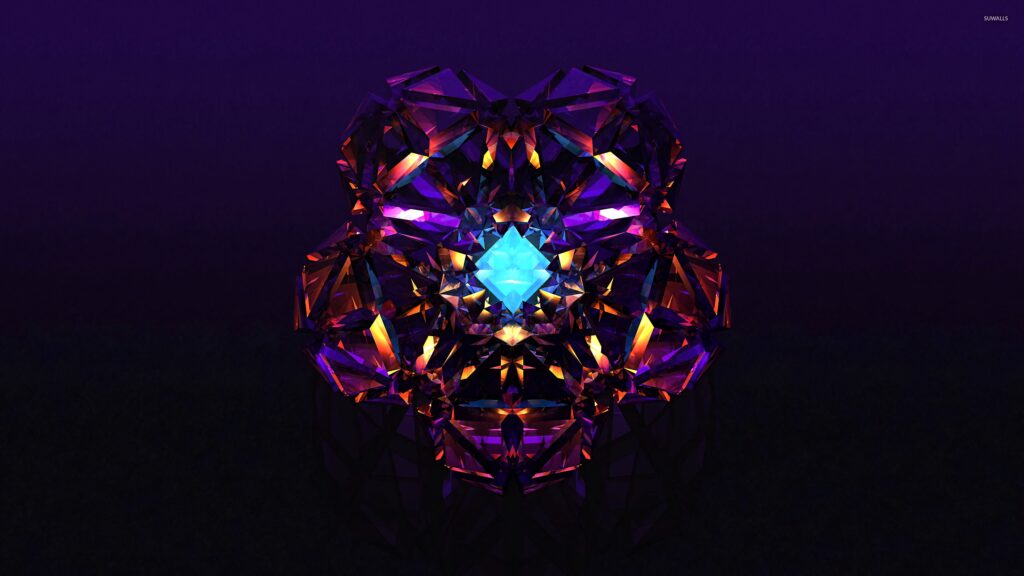 Radiant multifaceted diamond on deep purple gradient with geometric reflections and vibrant hues Wallpaper