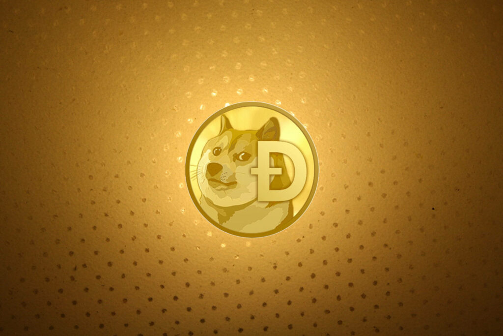 Dogecoin wallpaper with glowing Shiba Inu symbol on golden dotted background cryptocurrency art