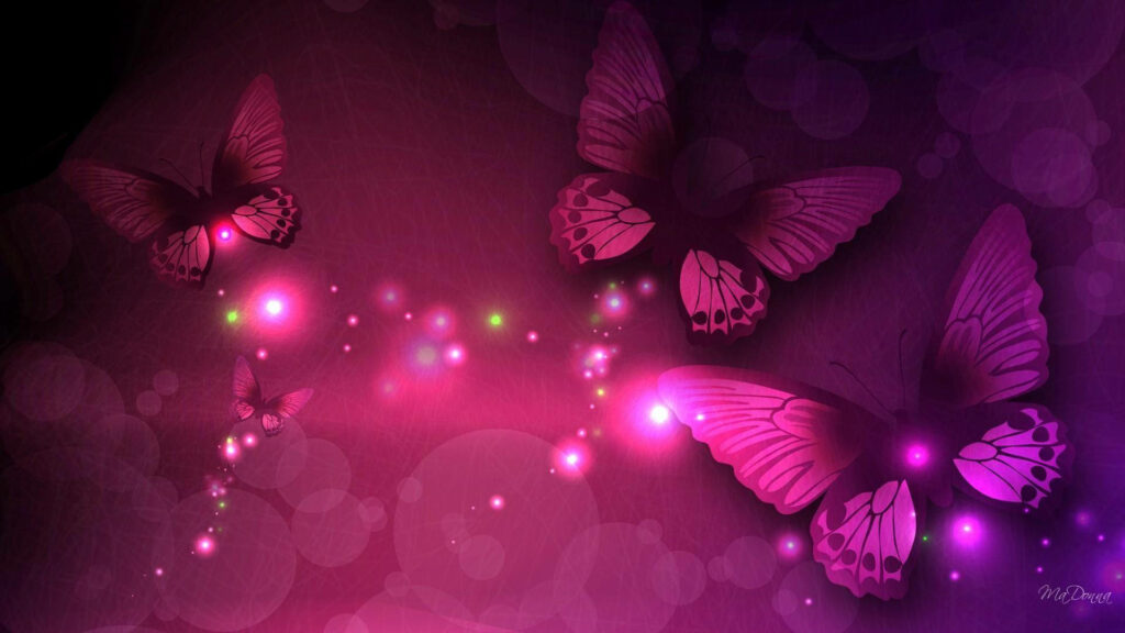 Glowing Neon Pink Night Butterflies Dancing on a Dark Background Wallpaper