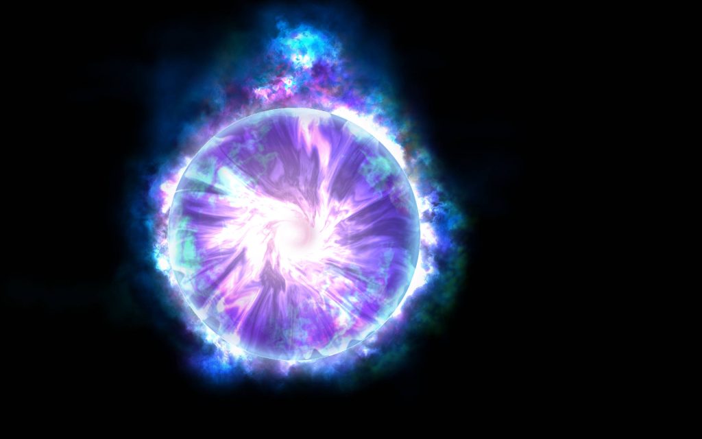 Radiant energy sphere with swirling purple pink cyan nebula cosmic light in black void background Wallpaper