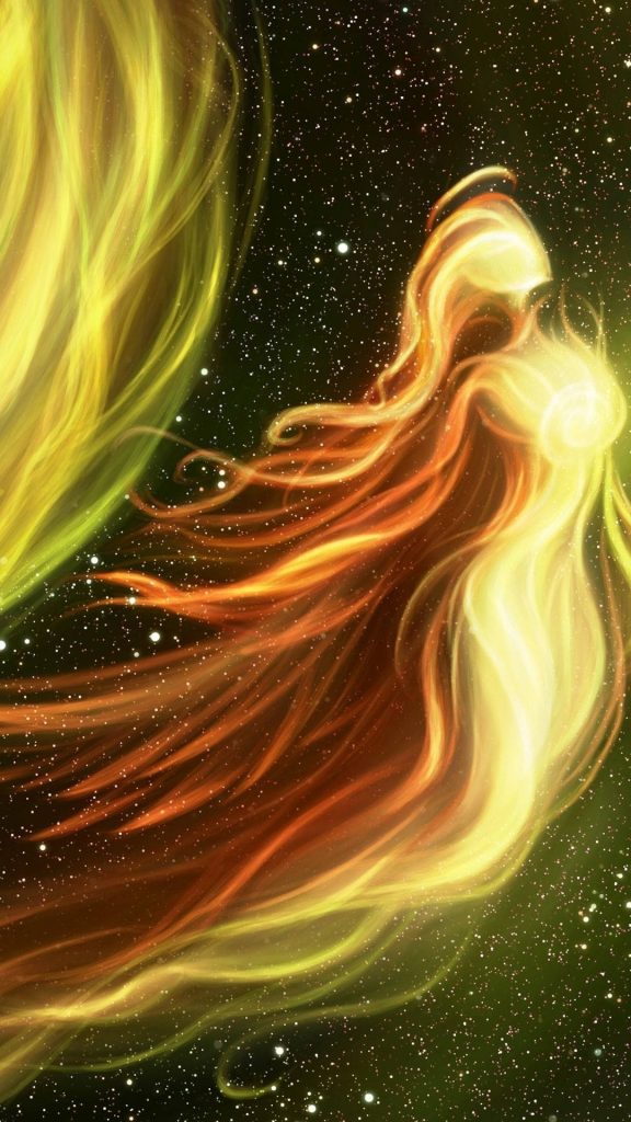 Radiant fire goddess of golden flames floats in starry deep green cosmic nebula wallpaper