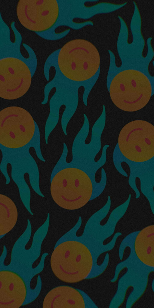 Burning Bright: Preppy Smiley Faces Ignite with Blue Flames on a Dark Canvas Wallpaper
