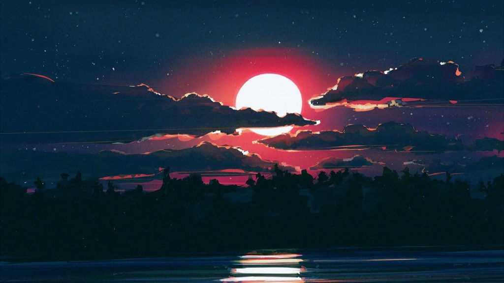 Radiant full moon behind red clouds with tree silhouettes and calm water reflection wallpaper