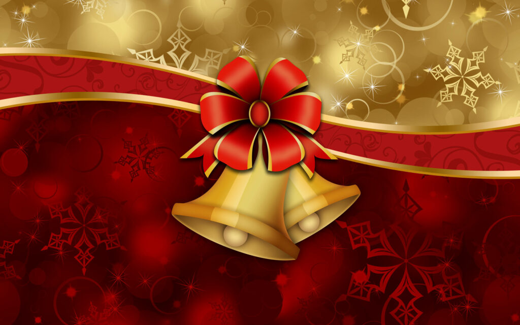 Radiant Gold Christmas Bells with Red Bow - Luxurious Holiday Wallpaper