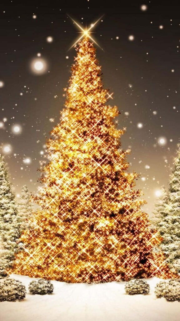 Radiant Gold Christmas Tree Wallpaper with Snowy Landscape Background