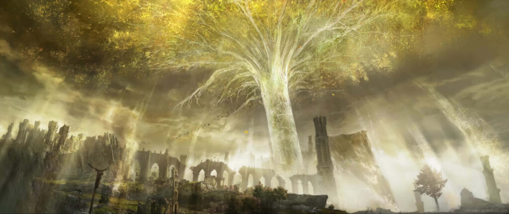 Radiant golden tree lighting ancient ruins under mystical sky in Hidetaka Miyazaki RPG wallpaper