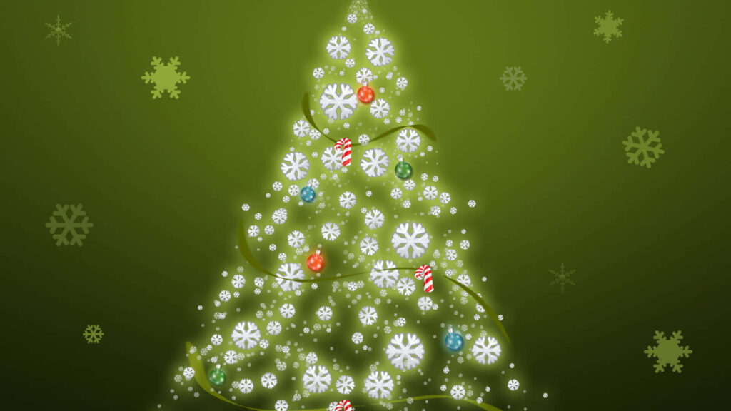 Festive Green Background with Luminous Christmas Tree & Snowflakes Wallpaper