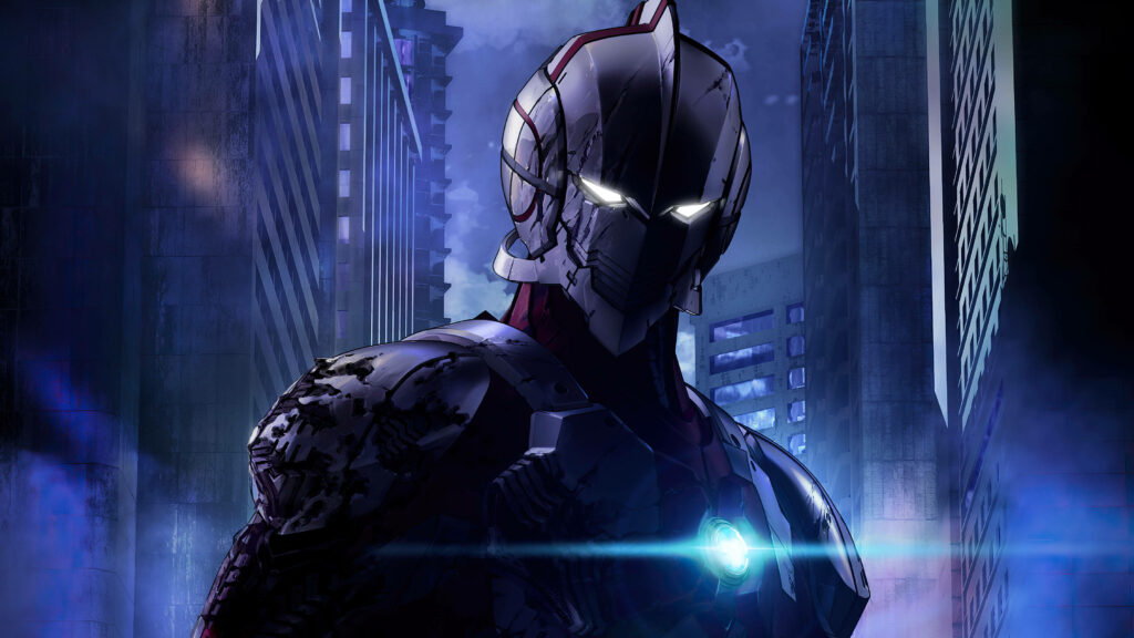 Radiant Ultraman: A Captivating Silhouette Illuminated by a Mesmerizing Azure Glow Amidst the Enigmatic Urban Landscape Wallpaper