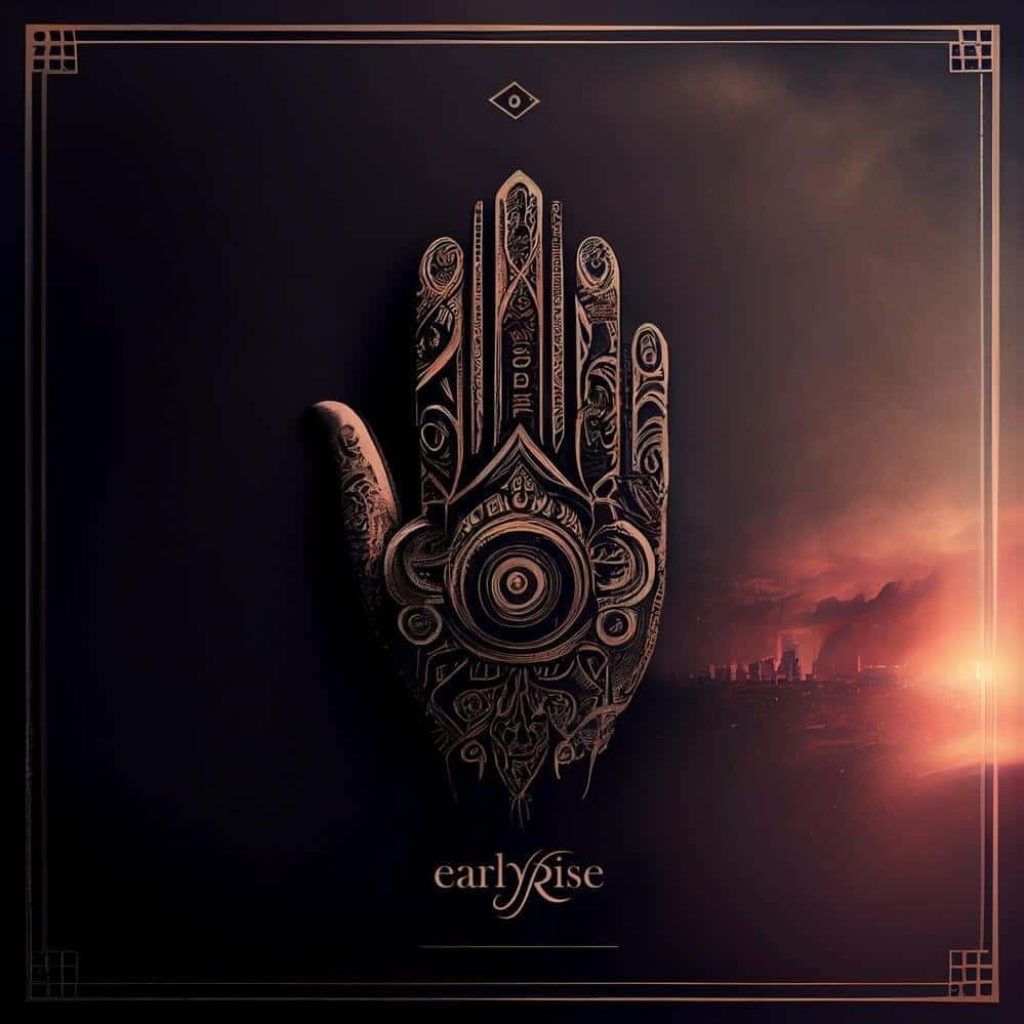 Radiant Hamsa hand art wallpaper glowing copper eye early rise text against sunset cityscape