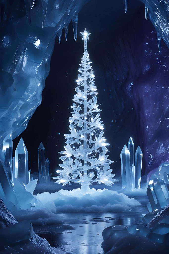 Radiant ice crystal Christmas tree in glowing frozen cavern with blue light winter wallpaper background