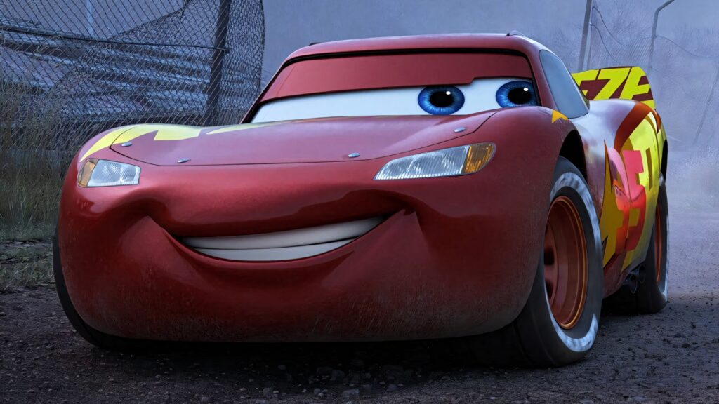 Radiant Lightning McQueen Cars 3 vibrant wallpaper red car lightning bolt misty racetrack background