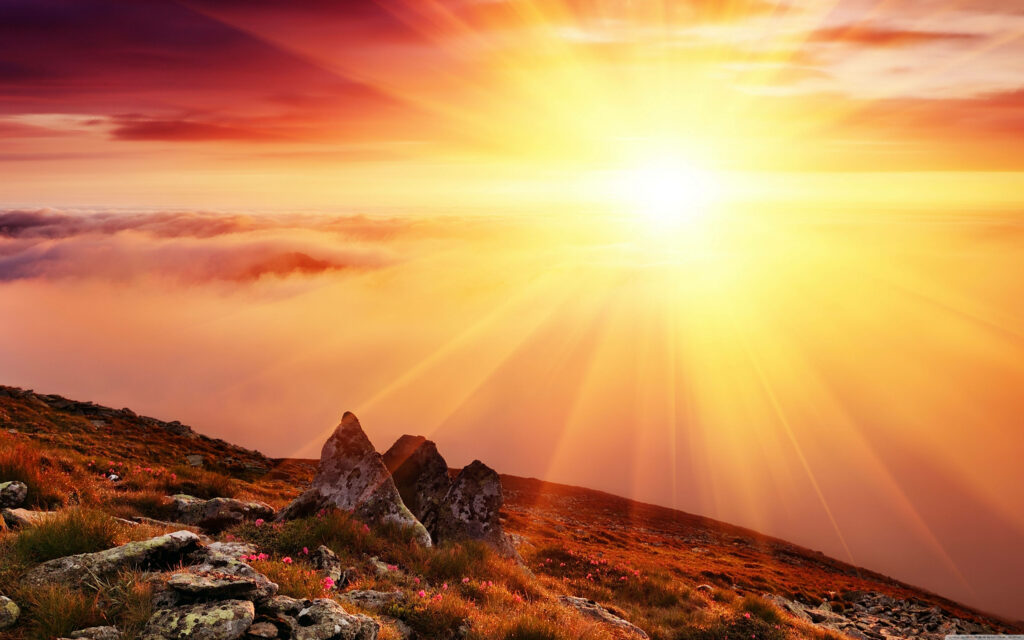 Radiant Morning Sun Wallpaper: Serene Hills & Tranquil Landscape
