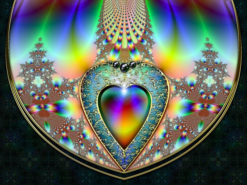 Radiant Multi-Colored Heart Wallpaper with Intricate Gold Frame