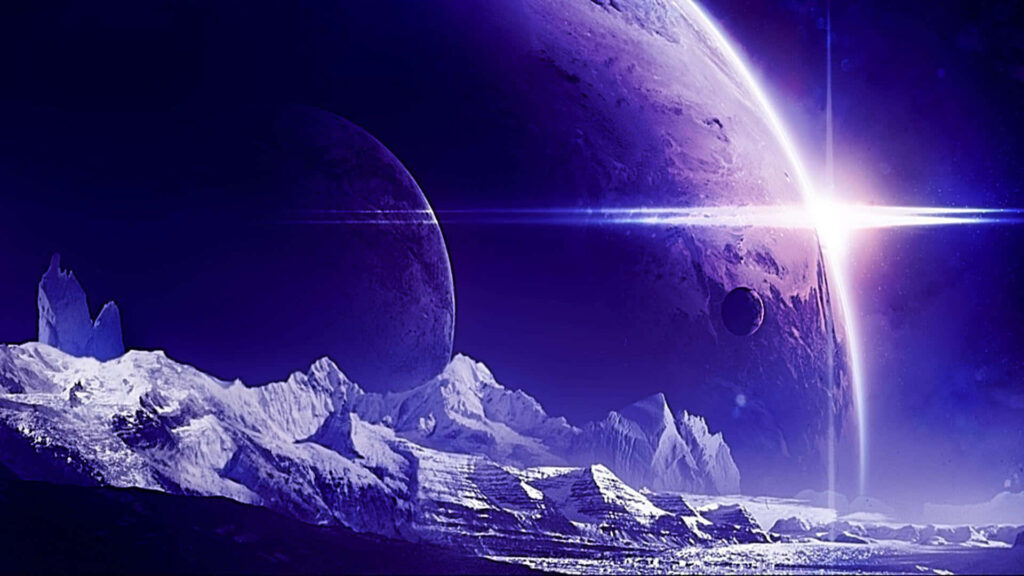 Radiant cosmic landscape with a glowing planet over icy terrain and starry space backdrop. Wallpaper