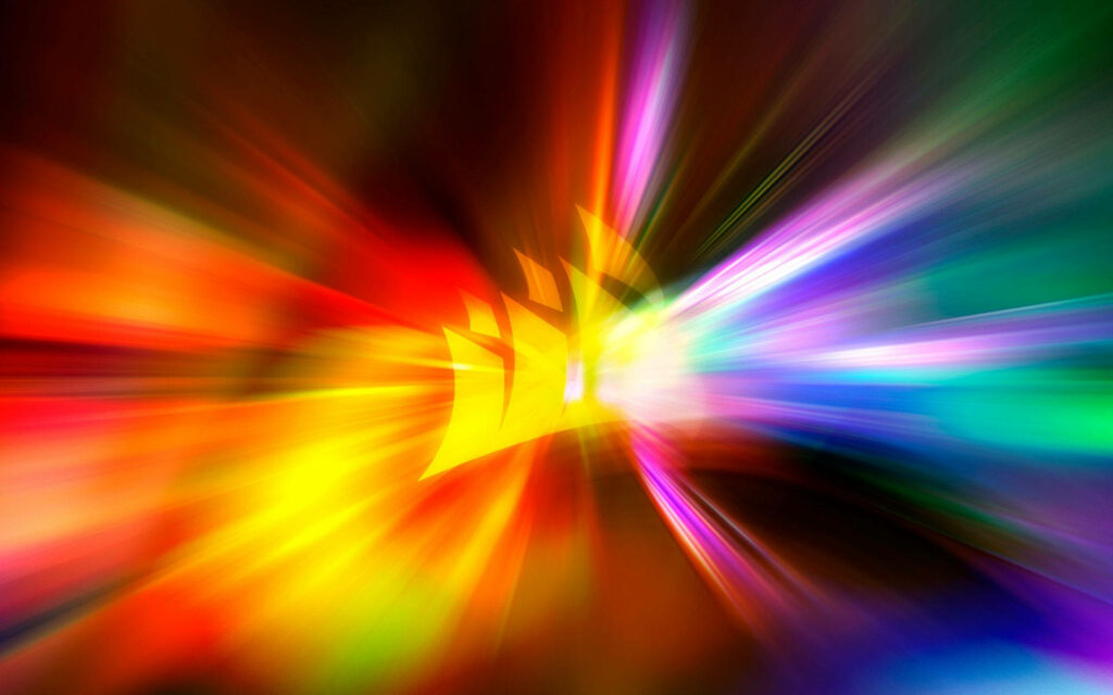 Corsair logo with neon light trails in red yellow cyan vibrant gaming wallpaper background