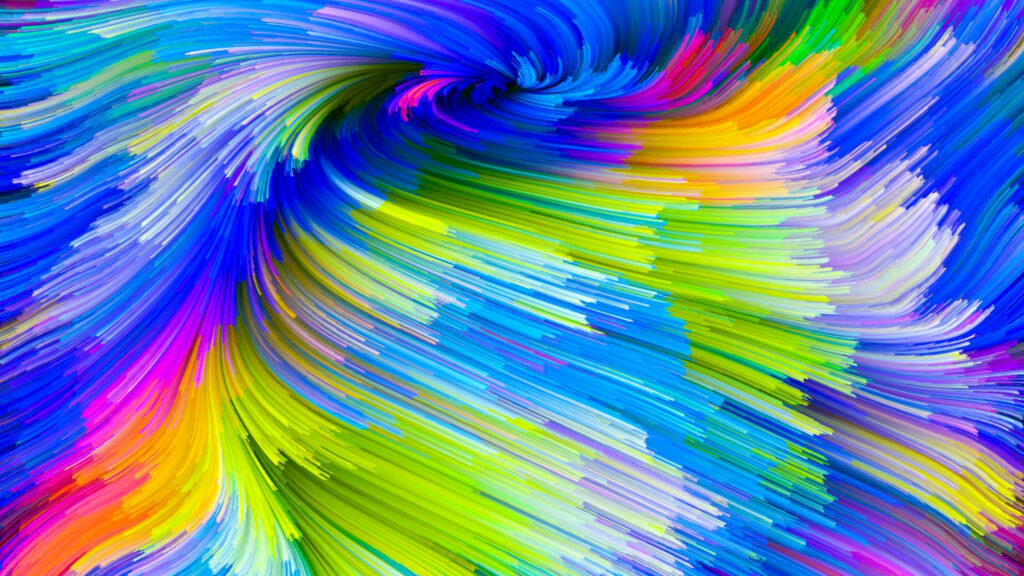 Vibrant abstract wallpaper with neon rainbow swirls of blue green and magenta paint streaks