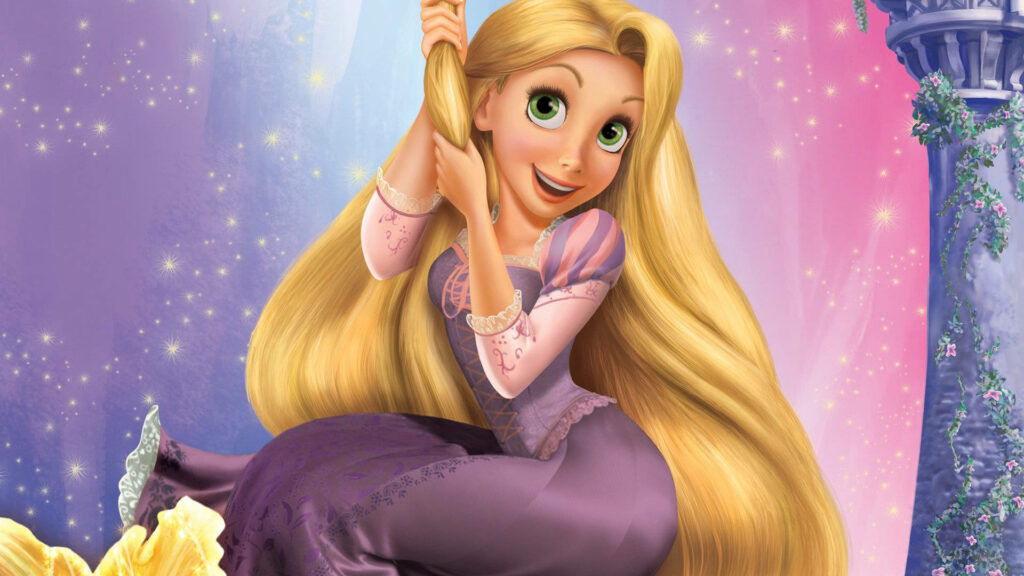 Tangled Delight: Rapunzel's Radiant Joy captured in a Golden Adventure Wallpaper