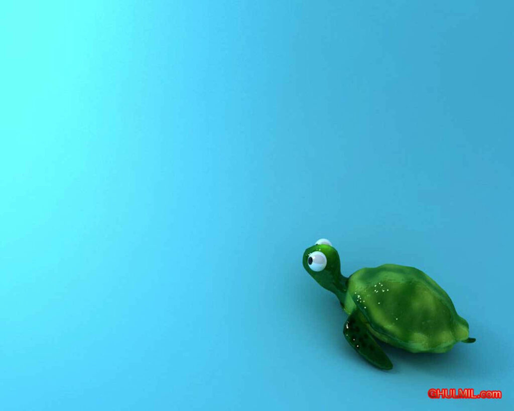 Glimpse of Serenity: Adorable Green Turtle Captivated by Radiant Horizon on Blue Oasis Wallpaper