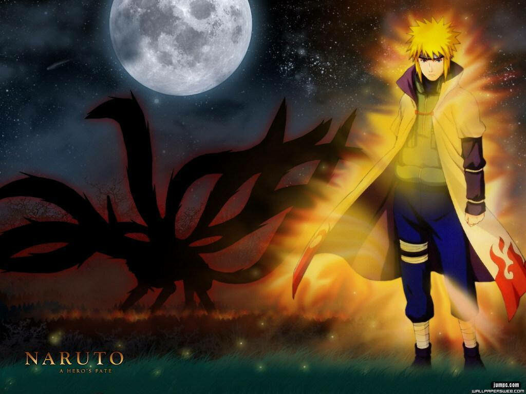 The Radiant Fourth Hokage: Minato Namikaze with Kurama and the Enchanting Moon - Naruto HD Background Wallpaper