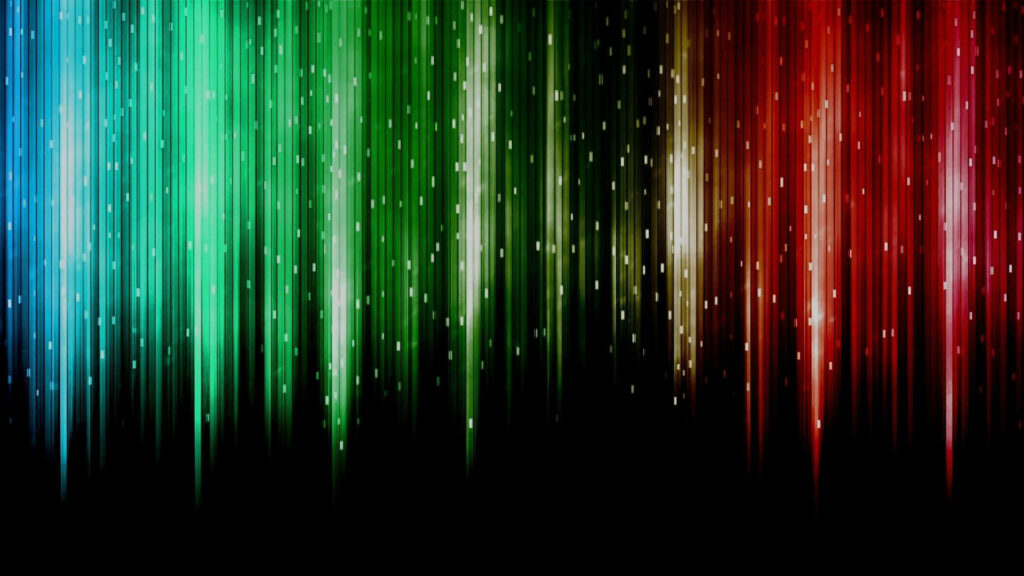 Vibrant abstract wallpaper with glowing vertical rainbow light streaks on black background