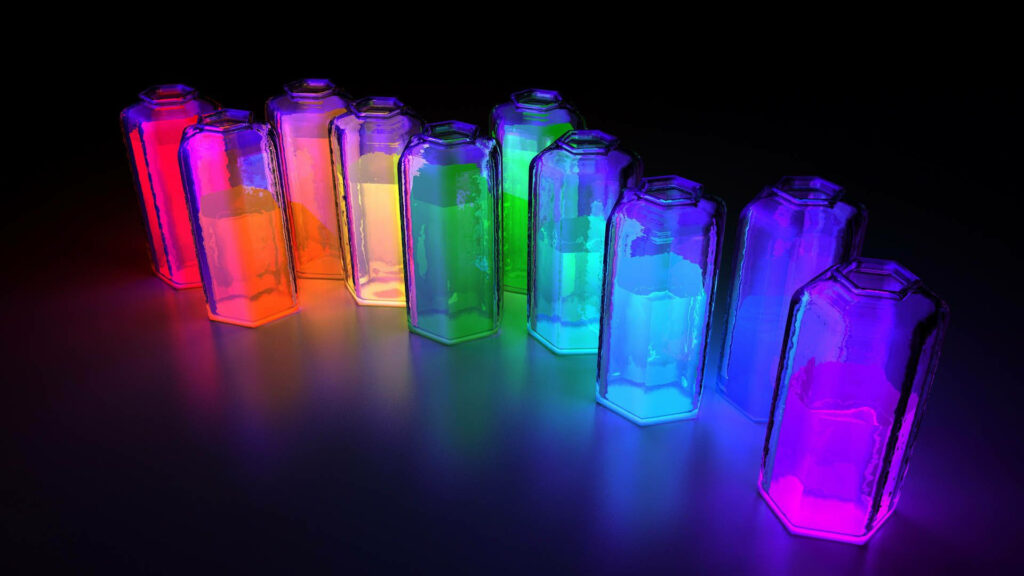 Vibrant Display: Mesmerizing Glow Illuminates Colorful Bottle Array - Captivating Background Shot Wallpaper