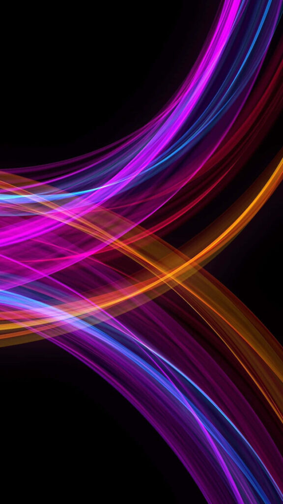 AMOLED wallpaper with glowing magenta purple blue and orange abstract curves on black background