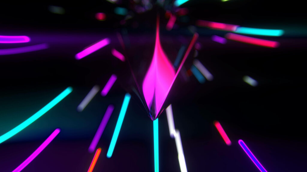 Vibrant Luminescence: Neon Shard Illuminates Abstract Black & Line Background Wallpaper