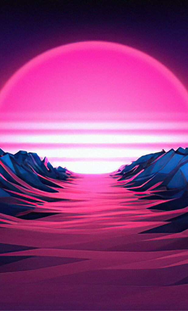 Glowing Sunset Dreamscape: Vaporwave Mountains Illuminate a Path to Serenity Wallpaper