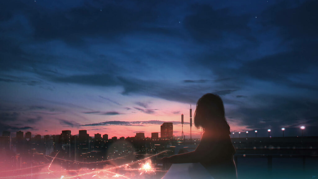 A Serene Anime Scene: A Shimmering Sunset over Urban Horizons, Embraced by an Elegant Anime Figure, Gazing at Fireworks Wallpaper