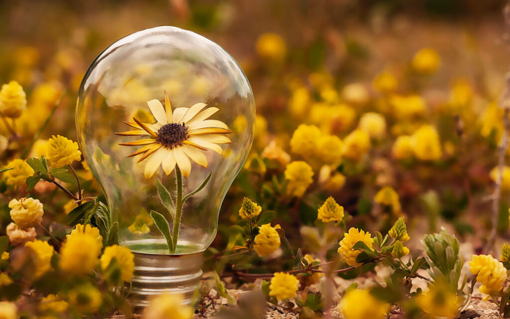 A Charming Sunflower Encased in a Transparent Bulb, Embraced by Dainty Yellow Blossoms - Captivating Light Bulb Background Wallpaper