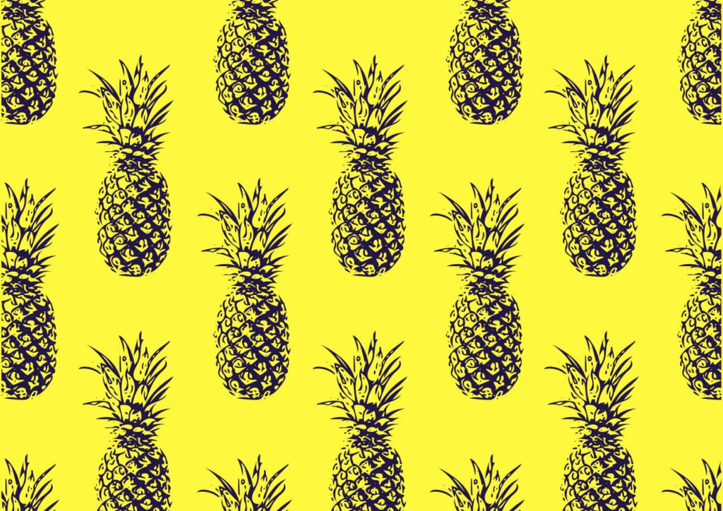 Tropical pineapple pattern with black illustrations on bright yellow background summer wallpaper