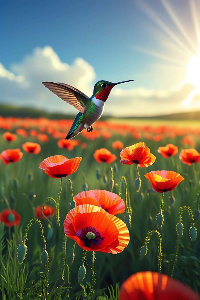 Vibrant hummingbird over red poppies glowing in warm golden sunlight digital art wallpaper