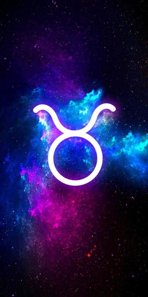 Radiant white Taurus zodiac symbol glowing on vibrant purple blue deep space nebula background Wallpaper