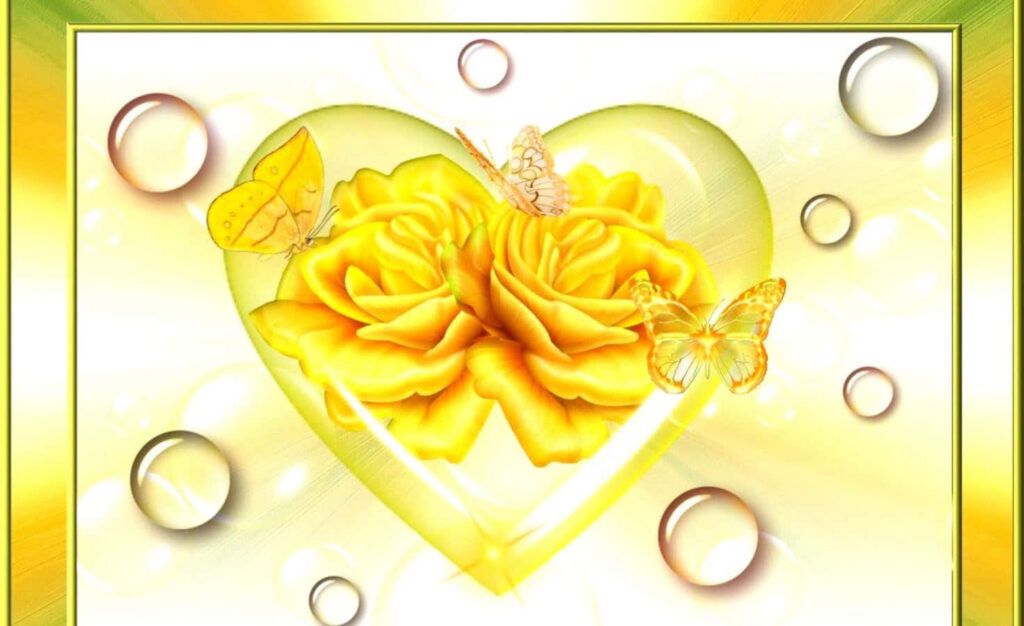 Vibrant Yellow Rose Heart Wallpaper with Butterflies & Bubbles