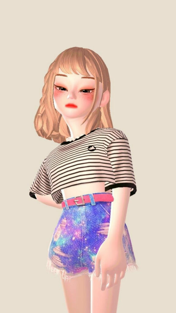 Stylish Zepeto Avatar with Trendy Blonde Side Braid, Striped Crop Top, and Cosmic Shorts - Stunning Zepeto Background Snapshot Wallpaper