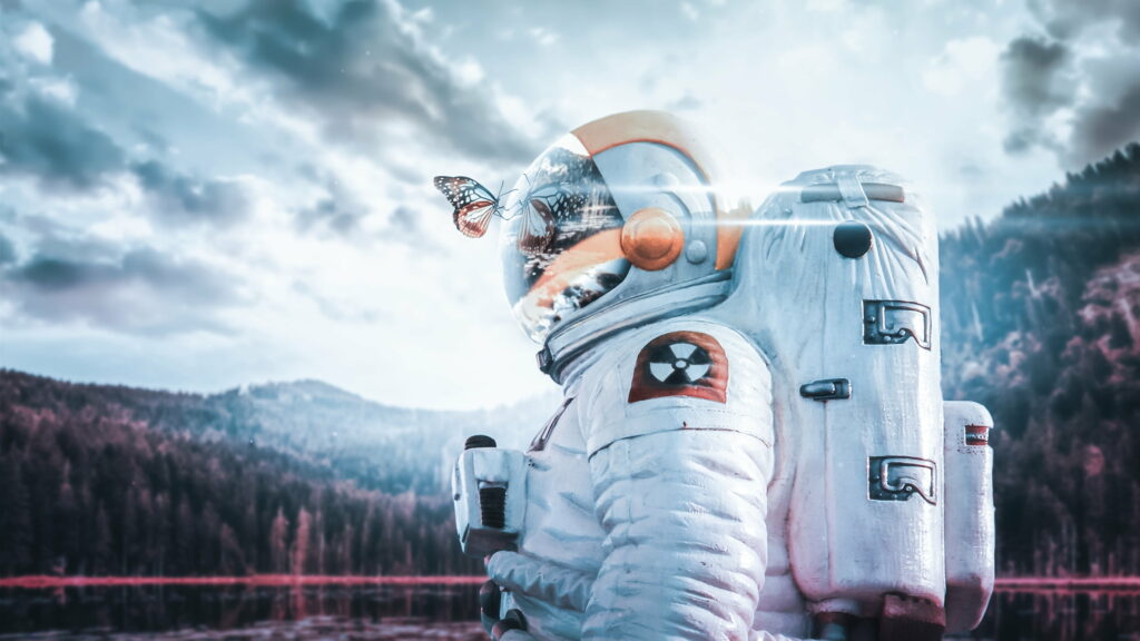 Luminous Space Explorer: Radiant Astronaut Journeying through a Graphical Radioactive Universe Wallpaper