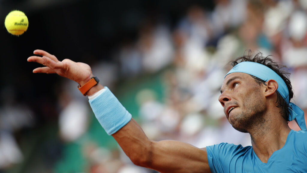 Rafael Nadal Serving: Dynamic Tennis Action Wallpaper Background