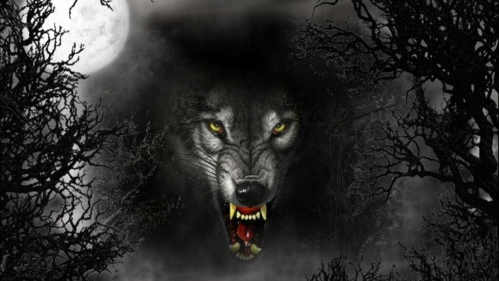 Angry Wolf Roams the Haunted Forest Under the Moonlight Wallpaper