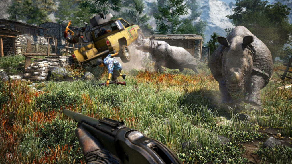 Rampaging Rhinoceros Chaos Unleashed in Far Cry 4: An HD Wall Art Depicting Fierce Asian Beasts Unleashing Havoc Amidst Flipped Cars Wallpaper