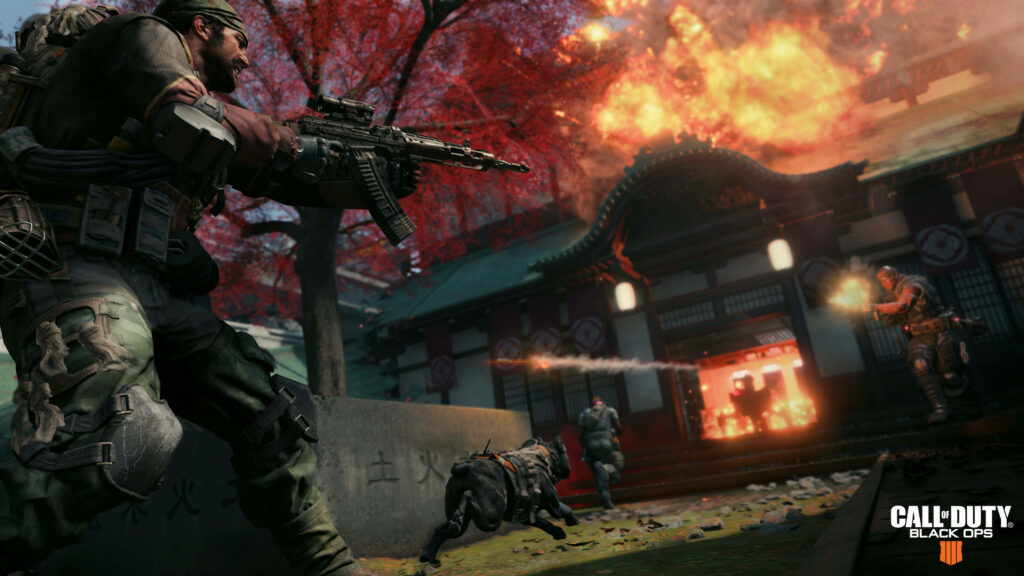 Intense Combat Scene in Call of Duty: Black Ops 4 with Soldier Aiming Weapon - Traditional Asian Structure and Explosive Fire in Background Wallpaper