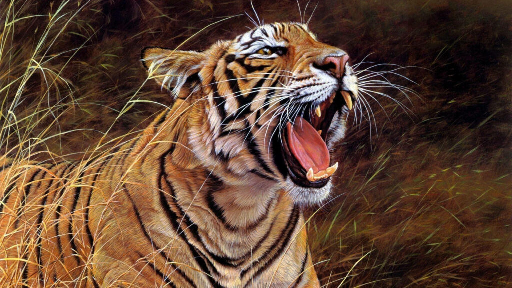 Majestic tiger roaring in tall grass vivid colors dramatic lighting wildlife wallpaper background