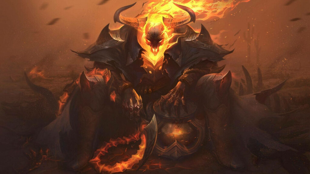 Fiery Frustration: The Infernal High Noon Thresh Ruler Amidst Chaotic Flames Wallpaper
