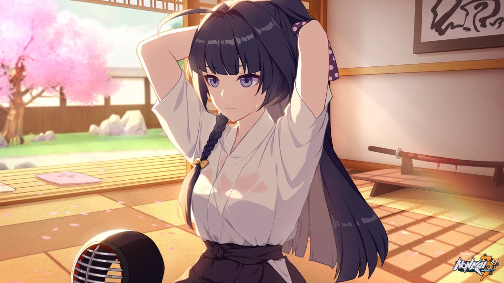 Raiden Mei in keikogi tying hair in sunlit dojo with katana and cherry blossoms anime wallpaper