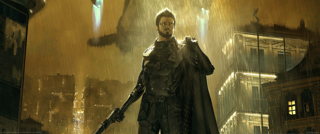 Rain-drenched Cyberpunk Warrior: Futuristic Style, Transparent Eyeglasses, and Armored Gun Amid Urban Downpour Wallpaper