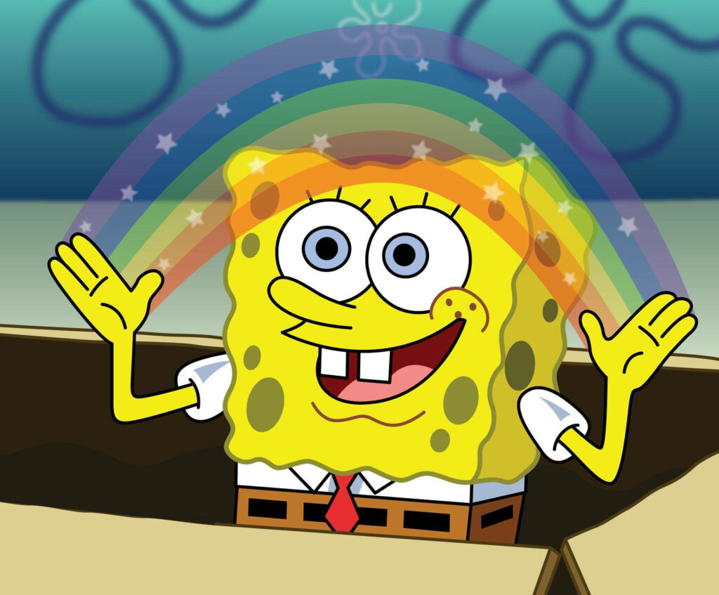 SpongeBob's Rainbow Magic: Spreading Laughter with Memes Wallpaper
