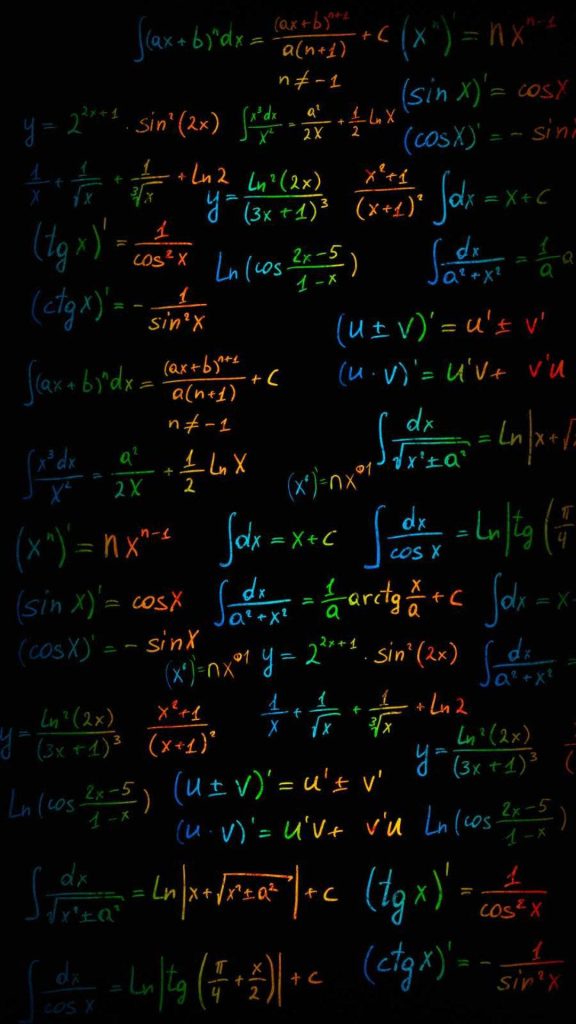 Smart wallpaper with glowing rainbow calculus formulas on black background for math lovers
